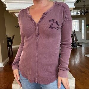 Anthro Daily Practice Thermal Long Sleeve Embroidered "All the Love" Small